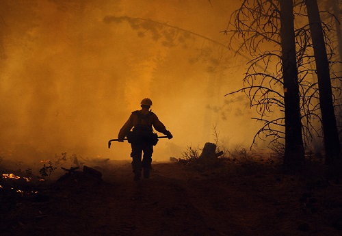 Firefighter holding a tool walks towards a forest filled with smoke at night. Credit: U.S. Forest Service via Flickr