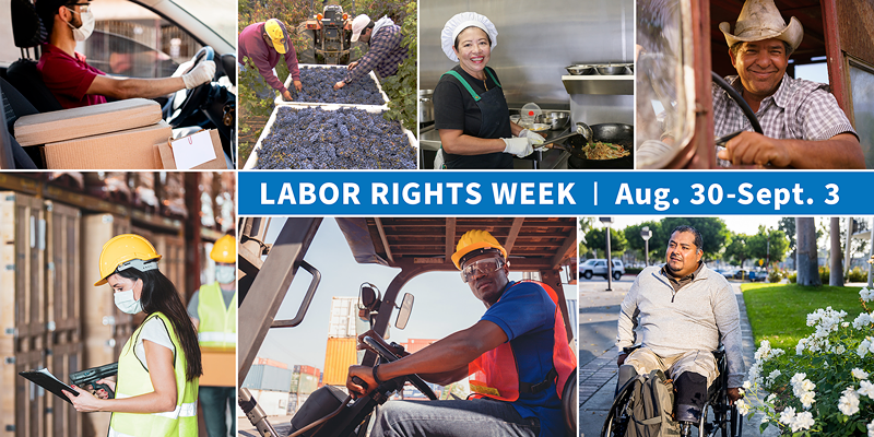 Collage showing immigrant workers in different occupations with the text "Labor Rights Week, August 30 to September 3. dol.gov/LaborRightsWeek"