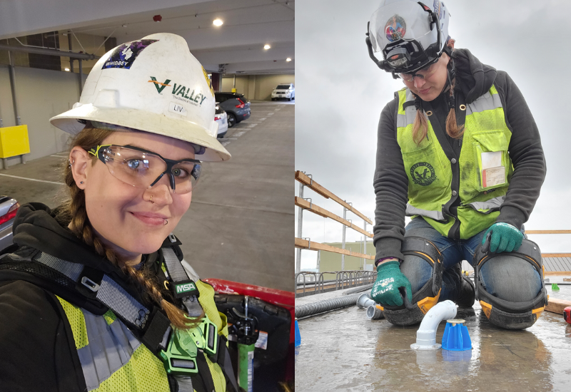 Two photos of Liv, an electrical worker. The first is a close-up. In the second, she is at an outdoor worksite. It is raining and she is wearing safety gear, including a hard hat, a high visibility vest, gloves, kneepads and safety goggles.