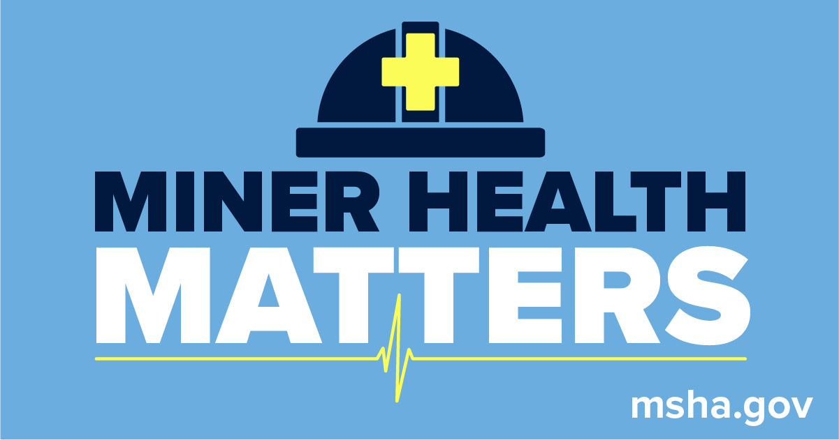 The text "Miner Health Matters" against a light blue background with a miner's helmet and a zig zag line similar to an EKG graph 