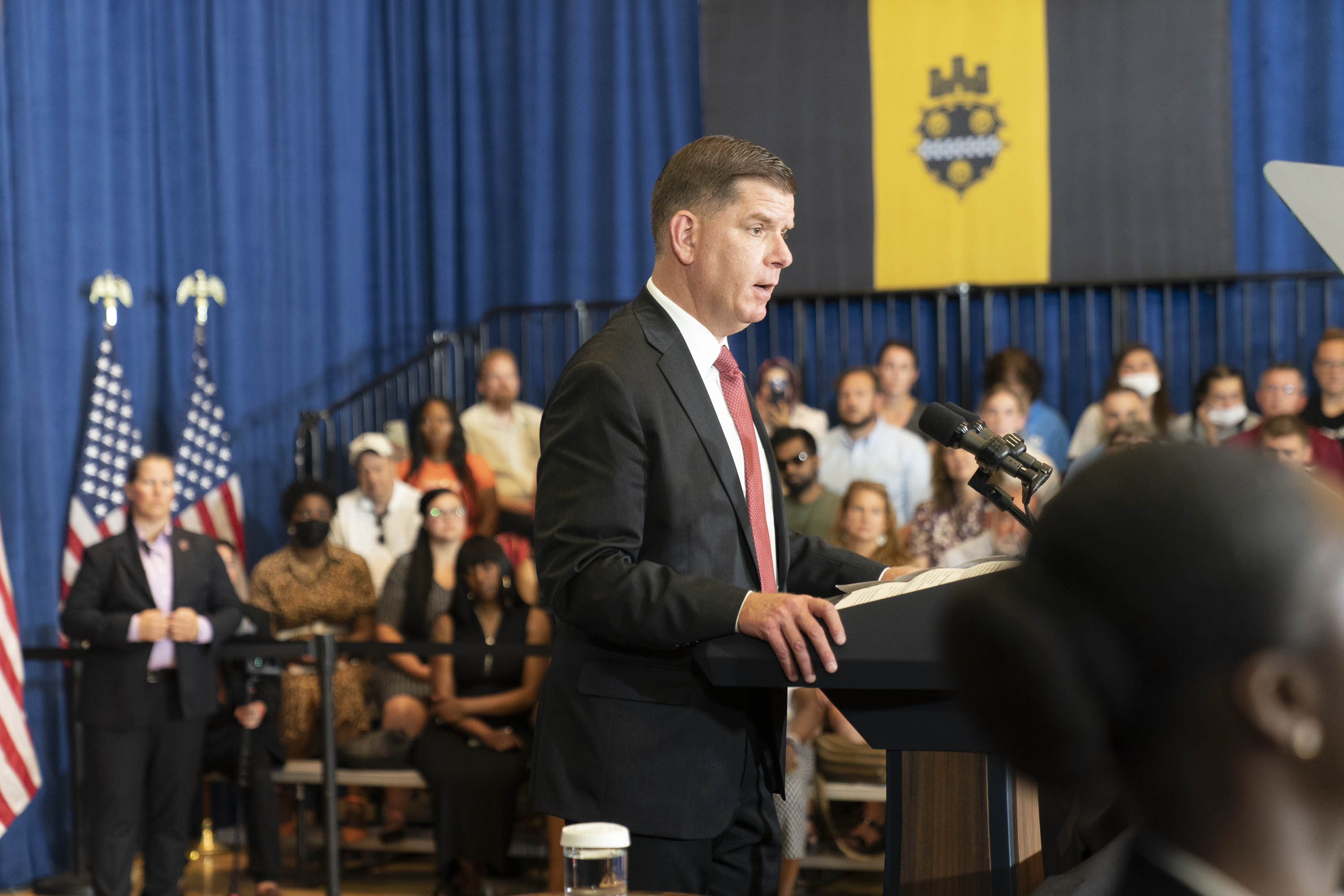 Secretary Marty Walsh speaks to a crowd in Pittsburgh