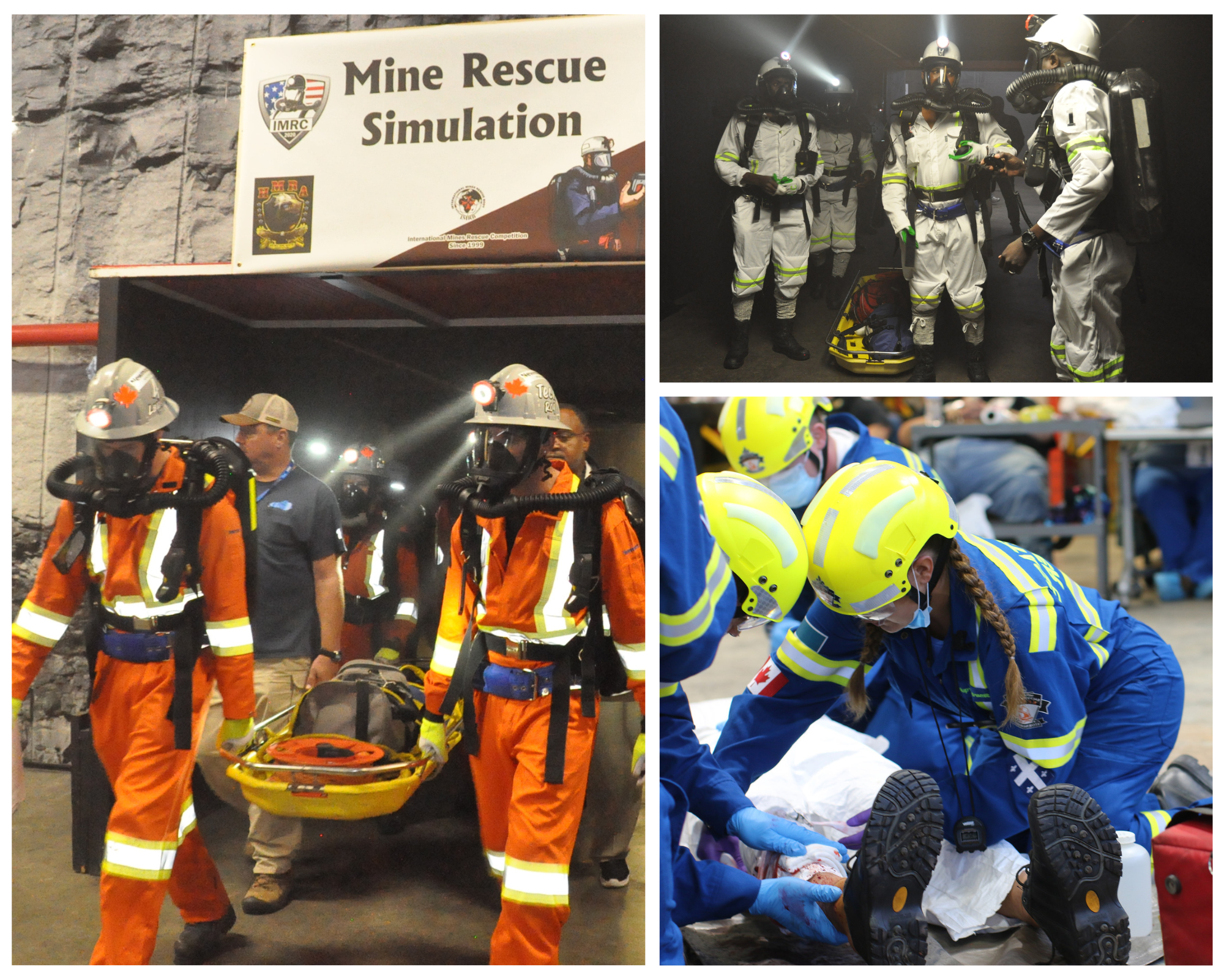 A collage of three photos showing mine rescue teams from different countries participate in various rescue exercises during the International Mine Rescue Competition.