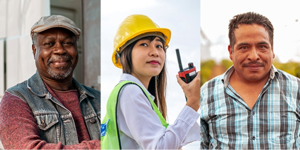 Two male workers and one female worker are pictured in a collage.