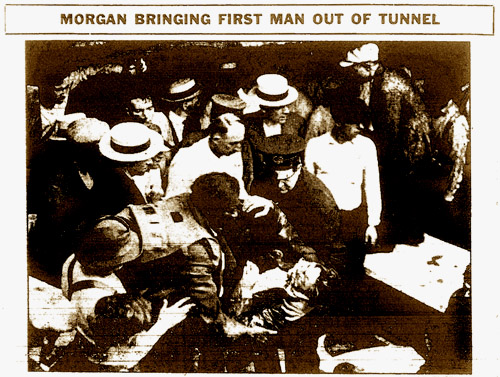 A black-and-white news clip shows Garrett A. Morgan rescuing a man at the 1917 Lake Erie Crib Disaster. 