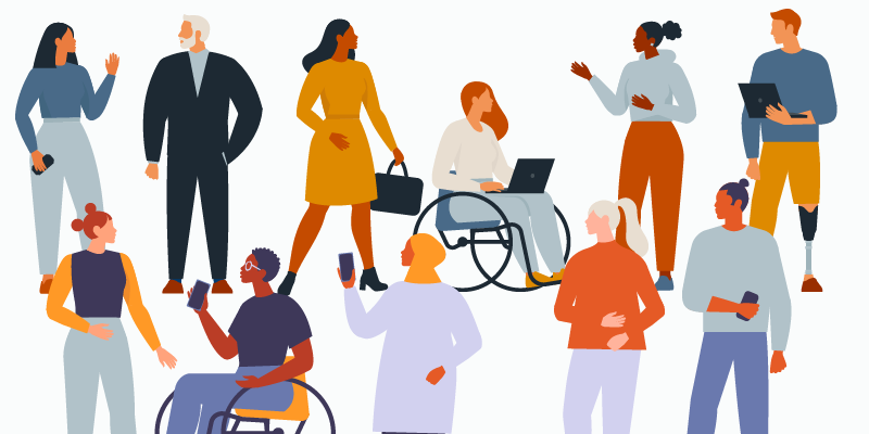 Diverse illustrated workers, including some with visible disabilities