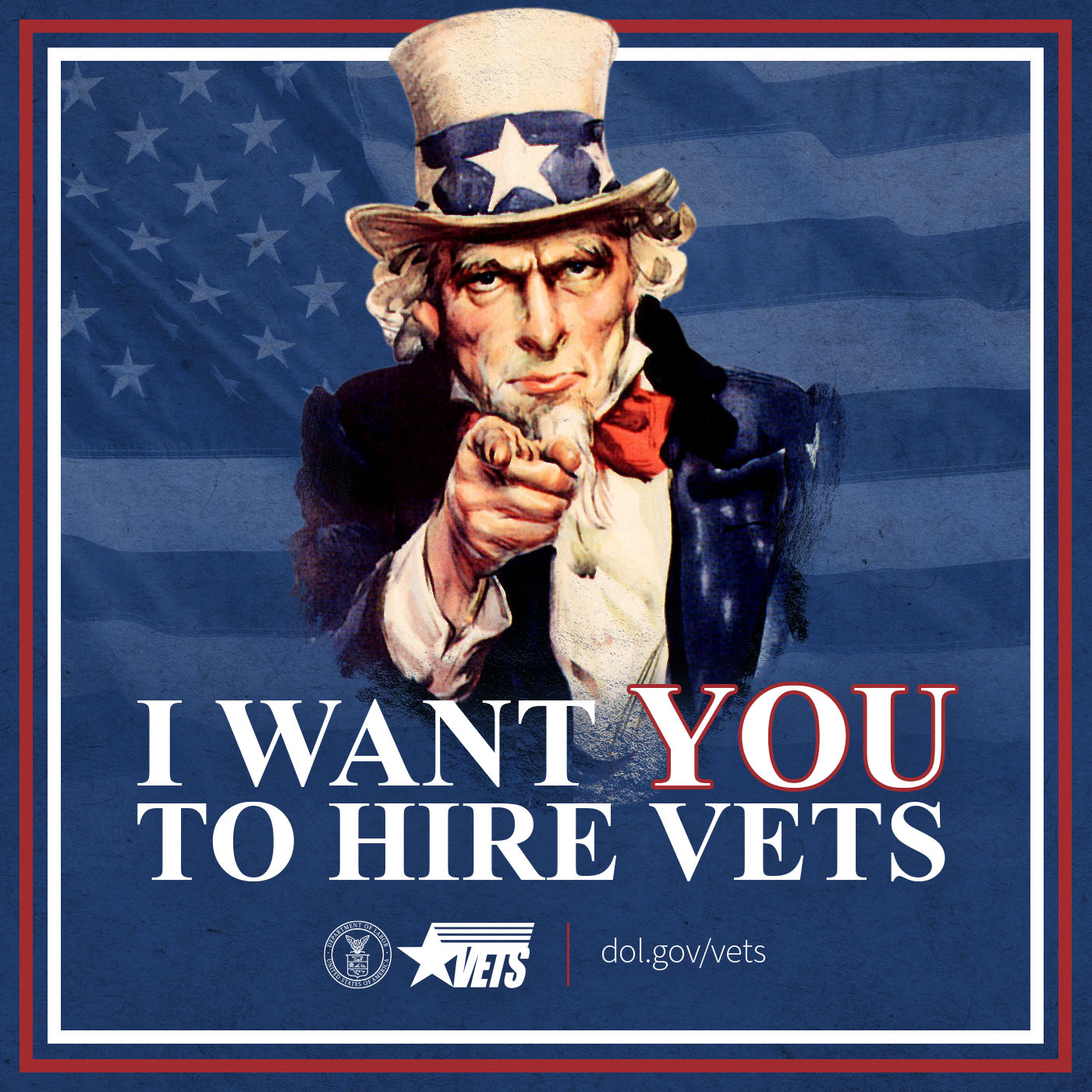 Image of Uncle Sam from classic recruitment poster. Text says "I want YOU to hire vets."