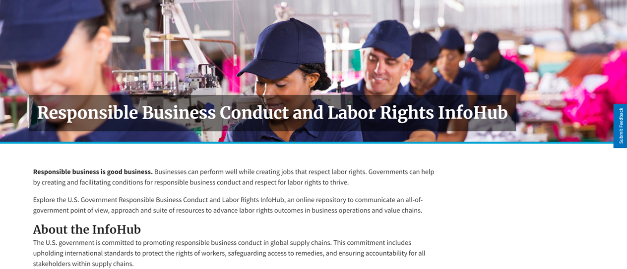 Screenshot of the "Responsible Business Conduct and Labor Rights InfoHub" webpage. The main image is of workers wearing blue uniforms using sewing machines in a garment factory.