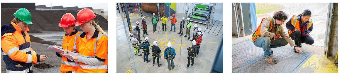 Three photos featuring workers in a variety of workplaces participating in safety checks and similar activities.