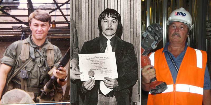 Photo collage of Seward Dinsmore as a young man in uniform in Vietnam, a black-and-white image of him in professional clothes holding a certificate, and a photo of him in protective vest and a hardhat with the Wage and Hour Division logo. 