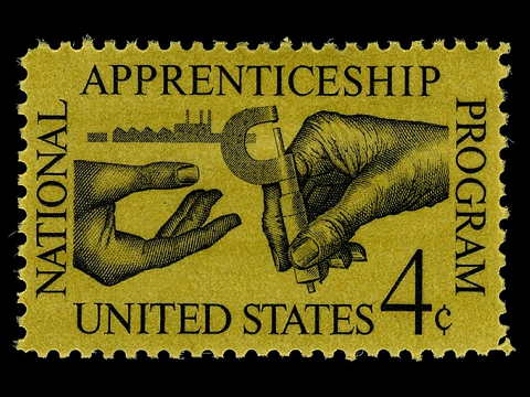 This 1962 apprenticeship stamp commemorates the National Apprenticeship Program and the twenty- fifth anniversary of the National Apprenticeship Act, also known as the Fitzgerald Act.
