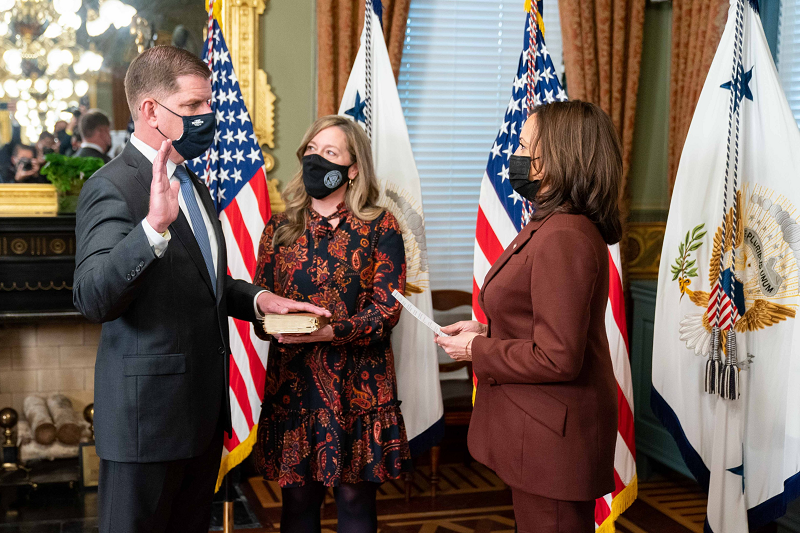 Secretary Walsh is sworn in by Vice President Harris March 23, 2021.