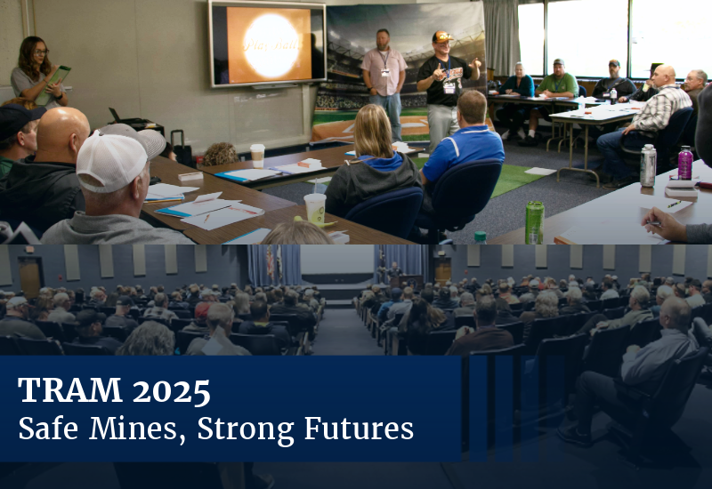 A graphic with two photos of sessions from the TRAM conference and the text “TRAM 2025: Safe Mines, Strong Futures”