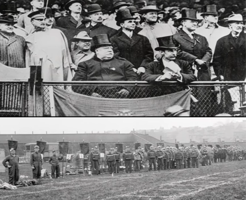 Two black and white photos. One shows President Taft and Joseph Holmes sitting in the front row of stadium seats watching the mine rescue demonstration. The other shows mine rescuers lined up on a field preparing to demonstrate rescue techniques.