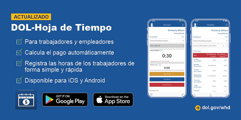 Actualizado. DOL-Hoja de Tiempo. Para trabajadores y empleadores. Calcula el pago automaticamente. Registra las horas de los trabajadores de forma simply y rapida. Disponible para iOS y Android. 