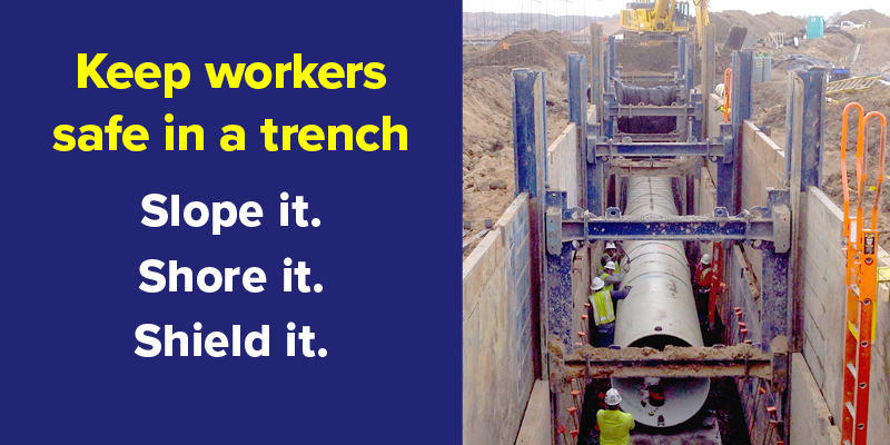 Photo of a trench with the text: Keep workers safe in a trench. Slope it. Shore it. Shield it.