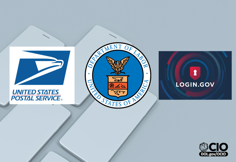 Fondo de teclado con logotipos del Servicio Postal de los Estados Unidos (United States Postal Service), del Departamento de Trabajo de los Estados Unidos y de login.gov, con el logotipo de la Oficina del Director de Información (OCIO) en la esquina inferior.