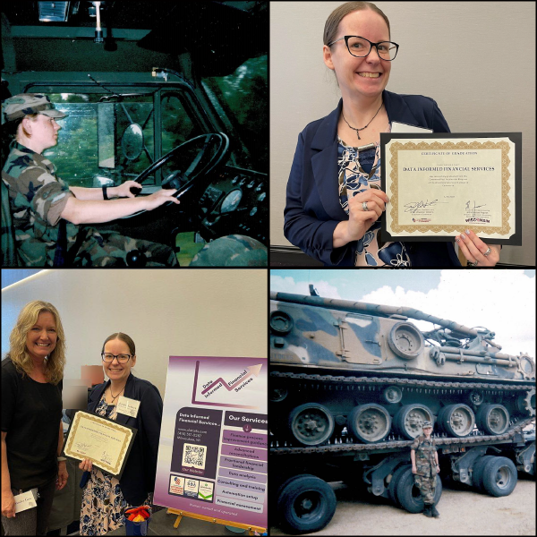 A collage shows Jen Gollnick driving a truck, standing in front of a truck in fatigues, and receiving her certificate in civilian clothes.