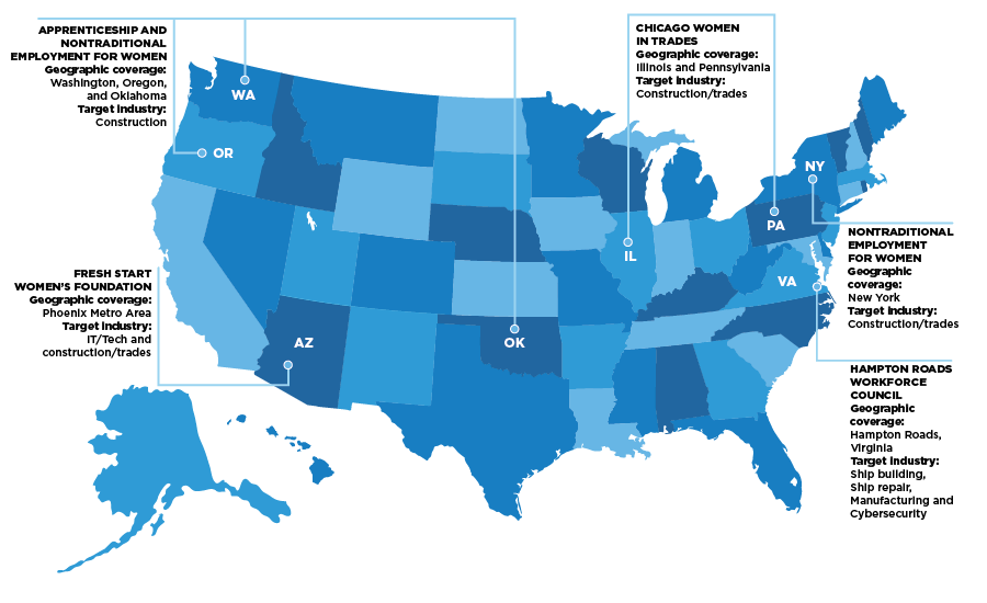 A map of the U.S. highlights the locations of recent WANTO grantees and the geographic regions they cover. They are based in AZ, IL, NY, OK, OR, PA, VA and WA. 