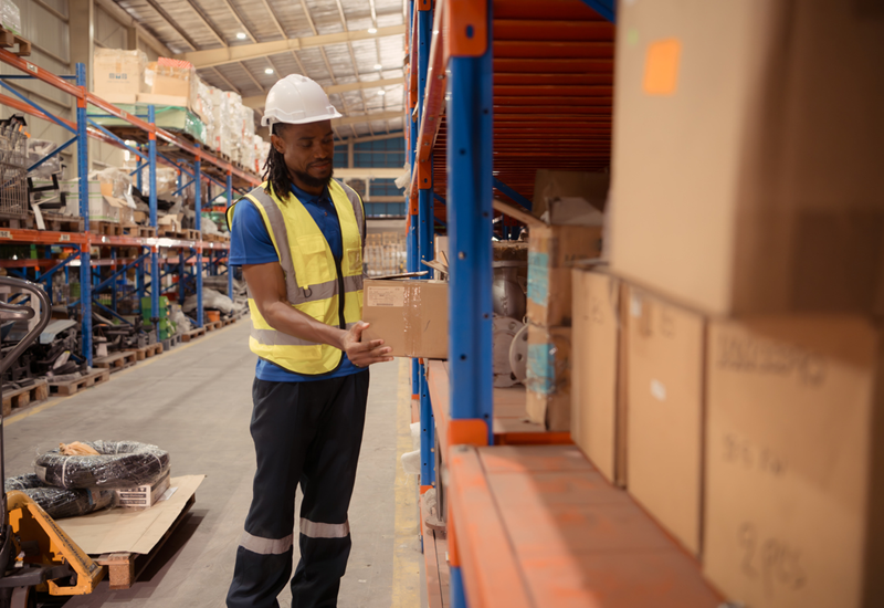 A worker wearing a hardhat and high visibility vest places a package on a shelf in a warehouse.