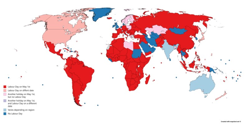 A map showing the prevalence and dates of Labor Day across the globe. (alt text: World map with various countries shaded to  show that the overwhelming majority of the world celebrates Labor Day, with most countries observing on May 1st.)