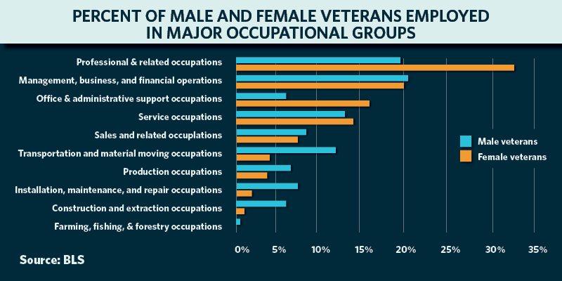 Percentage of male and female veterans employed in major occupational groups.