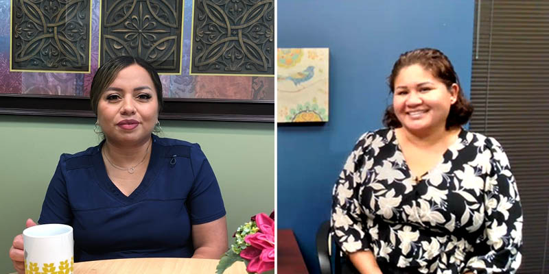 Photo collage featuring two women, both with short dark hair, smiling at the camera. One wears scrubs. One has a floral blouse.