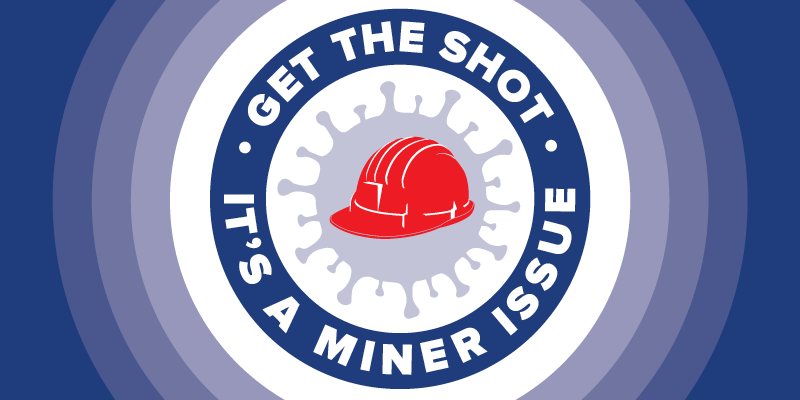Graphic of a miner's hardhat with the text, "Get the shot. It's a miner issue."