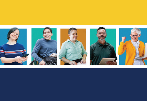 Five diverse individuals smiling, each with a different background color: blue, teal, green, orange, and navy. From left to right, a person holding a smartphone, another in a wheelchair, one standing with arms crossed, a person holding a digital tablet, and someone with a fist raised in celebration.