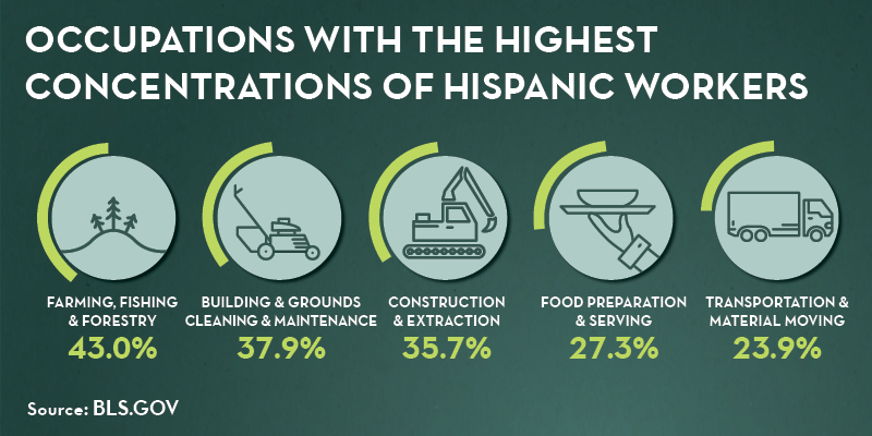 Graphic showing occupations with the highest concentrations of Hispanic workers. Farming, fishing and forestry: 43.0%. Building and grounds cleaning and maintenance: 37.9%. Construction and extraction: 35.7%. Food preparation and serving: 27.3%. Transportation and material moving: 23.9%. Source: bls.gov.