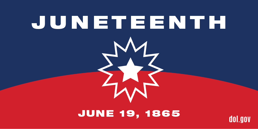Background: blue on top, red on bottom. In white text: Juneteenth. June 19,1865