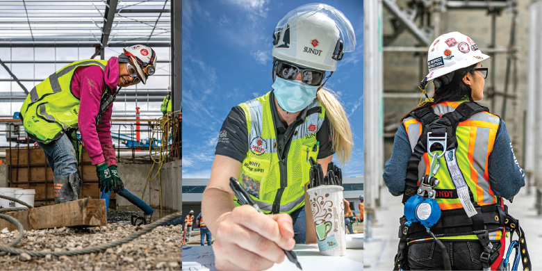 A collage shows three women of different racial backgrounds engaged in different construction tasks. All are wearing safety gear. 