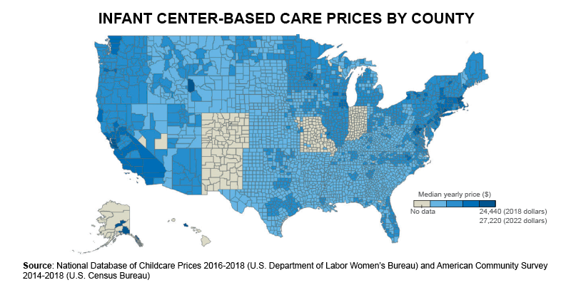 Infant Center-Based Care Prices by County. U.S. map with counties shaded in to indicate childcare prices.