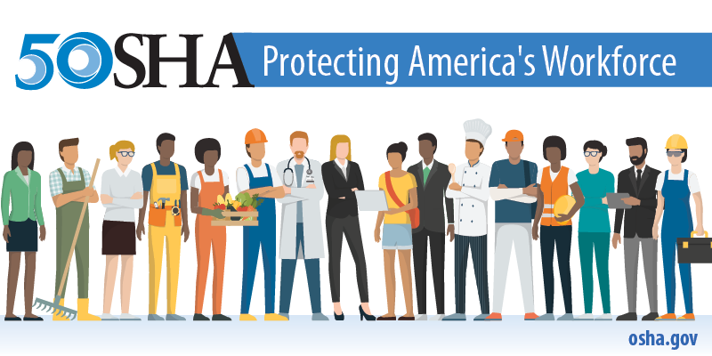Illustration of a diverse group of workers with the text "OSHA 50: Protecting America's Workforce."