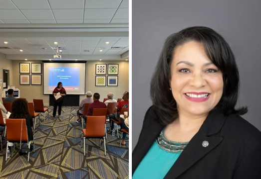 Left: A presentation in a conference room with several attendees seated facing a speaker. Right: Portrait of a smiling person wearing a black blazer and turquoise blouse.