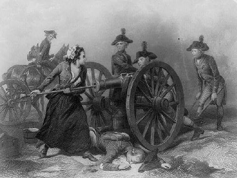 Artwork: Molly pitcher loads a cannon during battle.