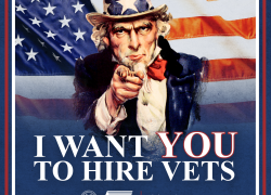 Image of Uncle Sam from classic recruitment poster. Text says "I want YOU to hire vets."