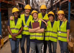 Six warehouse workers of different genders and racial backgrounds, one of whom has a disability, pose for a photo in safety vests and hardhats.