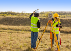 Two surveyors stand outside in a field with their equipment.