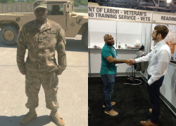 Two photos of Laurenceau: one in uniform, and one in civilian clothing in front of a VETS booth at a job fair