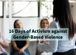 A woman giving a speech to two other women with a text blurb that says 16 Days Of Activism Against Gender-Based Violence.