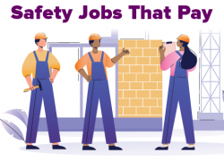 Illustration of a woman safety inspector on a building site with the text "Safety jobs that pay"