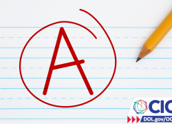 An 'A' grade circled on a notebook page with a pencil and the OCIO logo. dol.gov/ocio