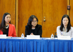 Acting Secretary of Labor Julie Su hosts a roundtable with AA and NHPI leaders to discuss how to better protect, train and empower AA and NHPI workers. She is sitting between two other women named Krystal Ka’ai and Christina Chen.
