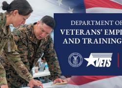 Two military service members in uniform are working together at a table. The American flag is behind the blue rectangle with words. The words on the blue rectangle say Department of Labor Veterans Employment and Training Service, the department’s logo and dol.gov/vets are below.