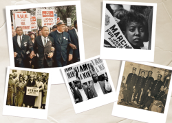 A collage of historical photos featuring Black workers, some of whom are participating in protests for better working conditions, and Dr. Martin Luther King marching with other civil rights leaders.