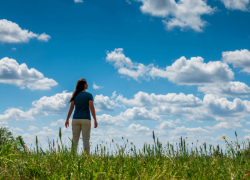 A woman wearing a blue shirt and tan pants stands in an open field and stares up at the sky.