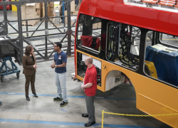 Vice President Kamala Harris talks with workers at New Flyer’s electric bus manufacturing plant in St. Cloud, Minnesota. White House photo.