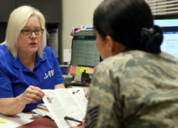 Chris Kern-Garcia with the 72nd Force Support Squadron Education Services Center informs a transitioning service member about the SkillBridge program.