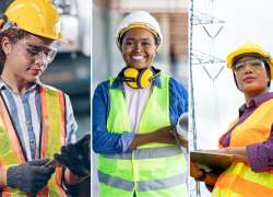 Three diverse women construction workers wearing a variety of protective gear, such as hard hats, ear protection, safety goggles, high-visibility vests and gloves.
