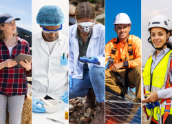 Perspectivas para os empregos verdes Cinco fotos de trabalhadores diversos em diferentes ocupações relacionadas ao meio ambiente, incluindo um instalador de painel solar, um técnico de turbina eólica, um químico, um engenheiro agrônomo e um cientista ambiental.